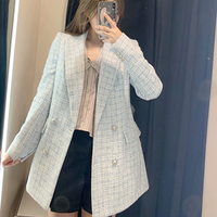 Za 2021 kobiet marynarkę tweedowy blezer kobiet kurtka Femme Plaszcz Wiosenny Damski Sobrecamisa Cuadros Plaid kratkę marynarka 2